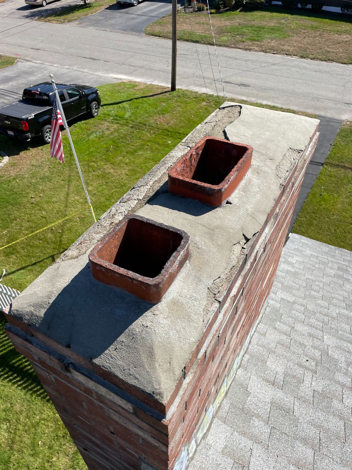 Chimney crown with flue tiles in Cambridge MA