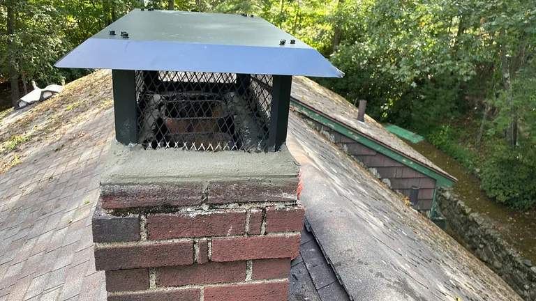 Full-coverage chimney cap above repaired crown in Canton MA